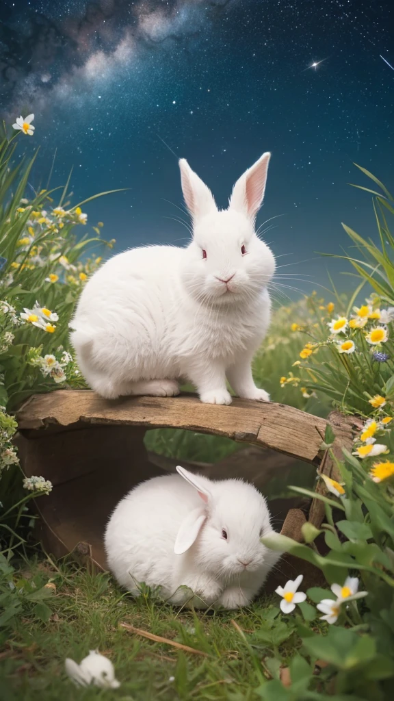 A high-quality image of a white rabbit sleeping peacefully under a starry night sky, with a cute and serene expression that would be soothing and adorable for viewers of all ages.