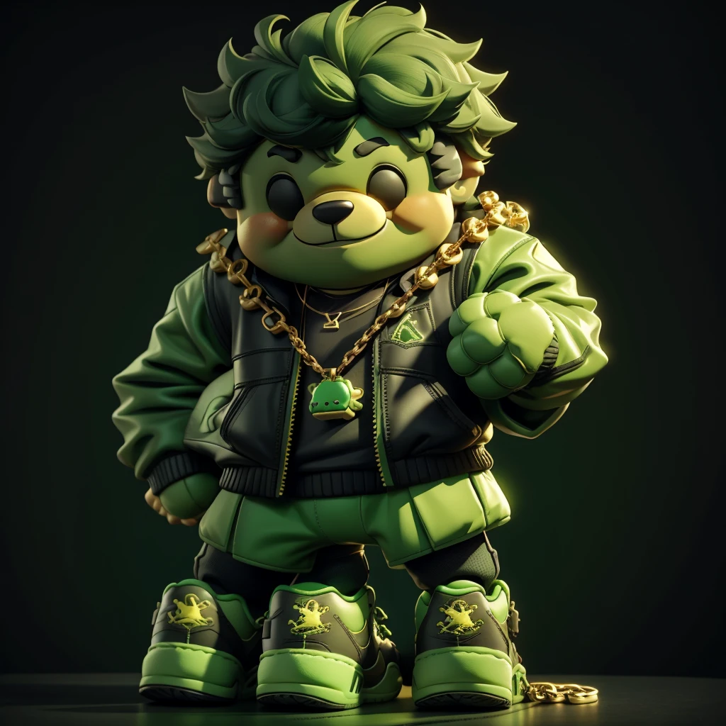 1teddy bear, Black and green outfit, energy monster, wearing braces, street standing, wearing gold chain necklace, air jordan shoes.
