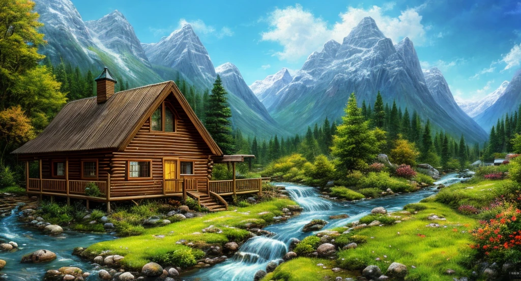 painting of a cabin in a mountain valley with a stream running through it, beautiful art uhd 4 k, background artwork, detailed painting 4 k, 8k high quality detailed art, 4k highly detailed digital art, scenery art detailed, 4 k hd wallpaper illustration, landscape wallpaper, amazing wallpaper, dream scenery art, scenery wallpaper, 4 k hd wallpaper very detailed