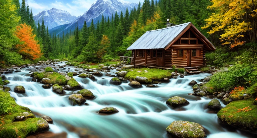 painting of a cabin in a mountain valley with a stream running through it, beautiful art uhd 4 k, background artwork, detailed painting 4 k, 8k high quality detailed art, 4k highly detailed digital art, scenery art detailed, 4 k hd wallpaper illustration, landscape wallpaper, amazing wallpaper, dream scenery art, scenery wallpaper, 4 k hd wallpaper very detailed