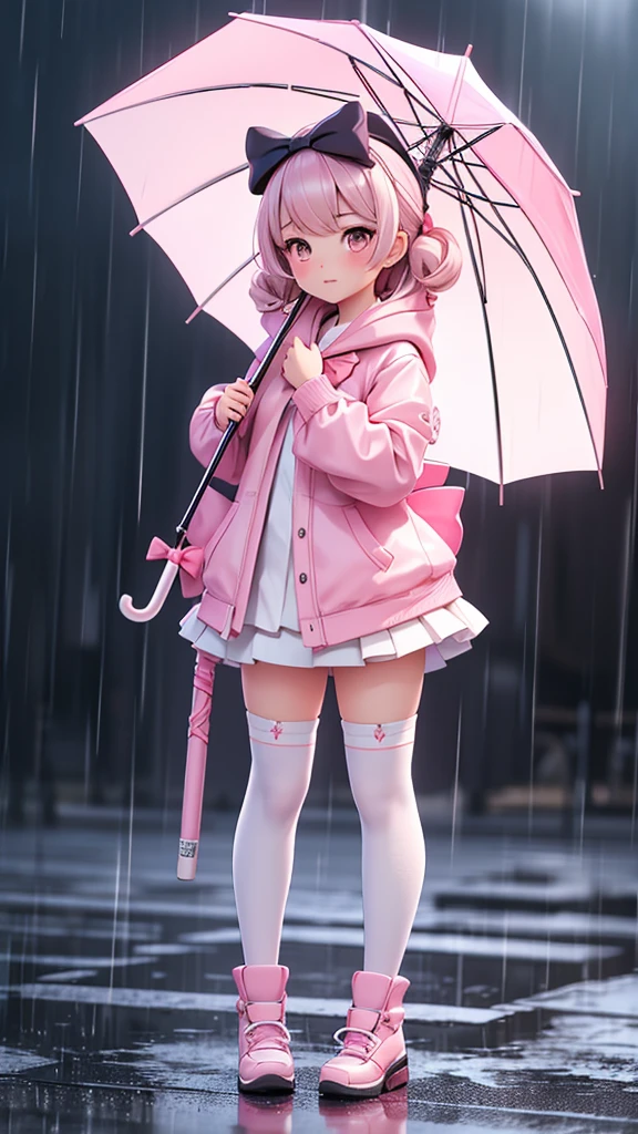 ((bishojo)), ((jk, girl)), ((puffy eyes)), (masterpiece), (top quality), (hyper detailed), (exquisite), (8k), (depth), (crisp), (beautiful and aesthetic), (super detailed skin), (high standard), (high resolution), (perfect anatomy), (realistic), (full body), (knee socks), (pink cheek), (light clothes), (bow in hair), (piercing), (on the street), (rain), (one hand, umbrella)