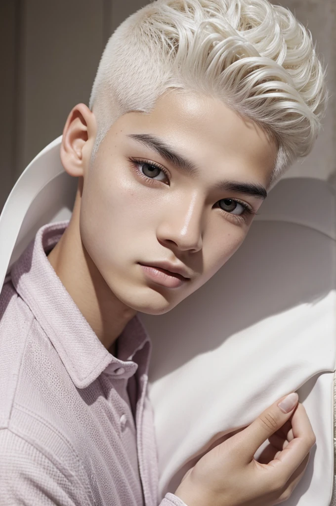 boy with Chinese features, pelo blanco largo, Crimson eyes, labios pomposos, serio, calmo, cuerpo esbelto, rasgos suaves y delicados pero siguen siendo masculinos, skin color almost like a porcelain doll, Pale, aparte es albino, so even his long eyelashes and eyebrows are white, labios medianamente carnosos y rosas, he has white eyelashes and white eyebrows