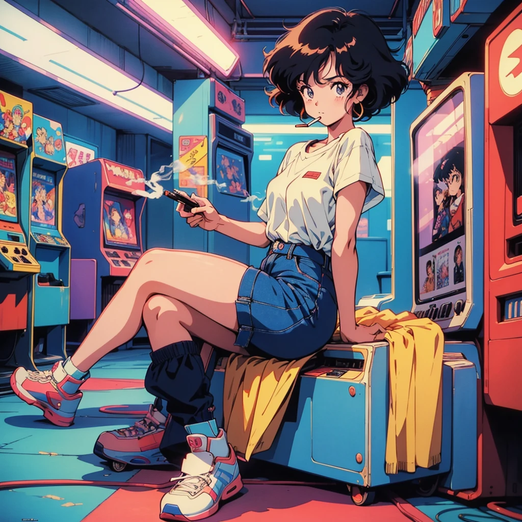 Retro arcade anime girl, 80年代のAnime atmosphere, 80s anime style, Retro Anime Girls, 1980's anime style, Retro anime images, Anime atmosphere, Playing games, smoking a cigarette, smoking