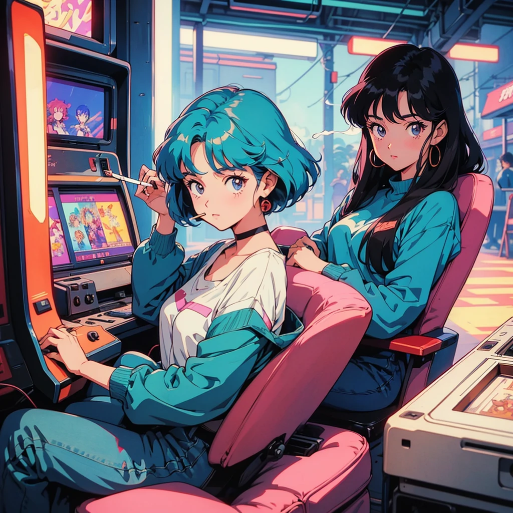 Retro arcade anime girl, 80年代のAnime atmosphere, 80s anime style, Retro Anime Girls, 1980's anime style, Retro anime images, Anime atmosphere, Playing games, smoking a cigarette, smoking