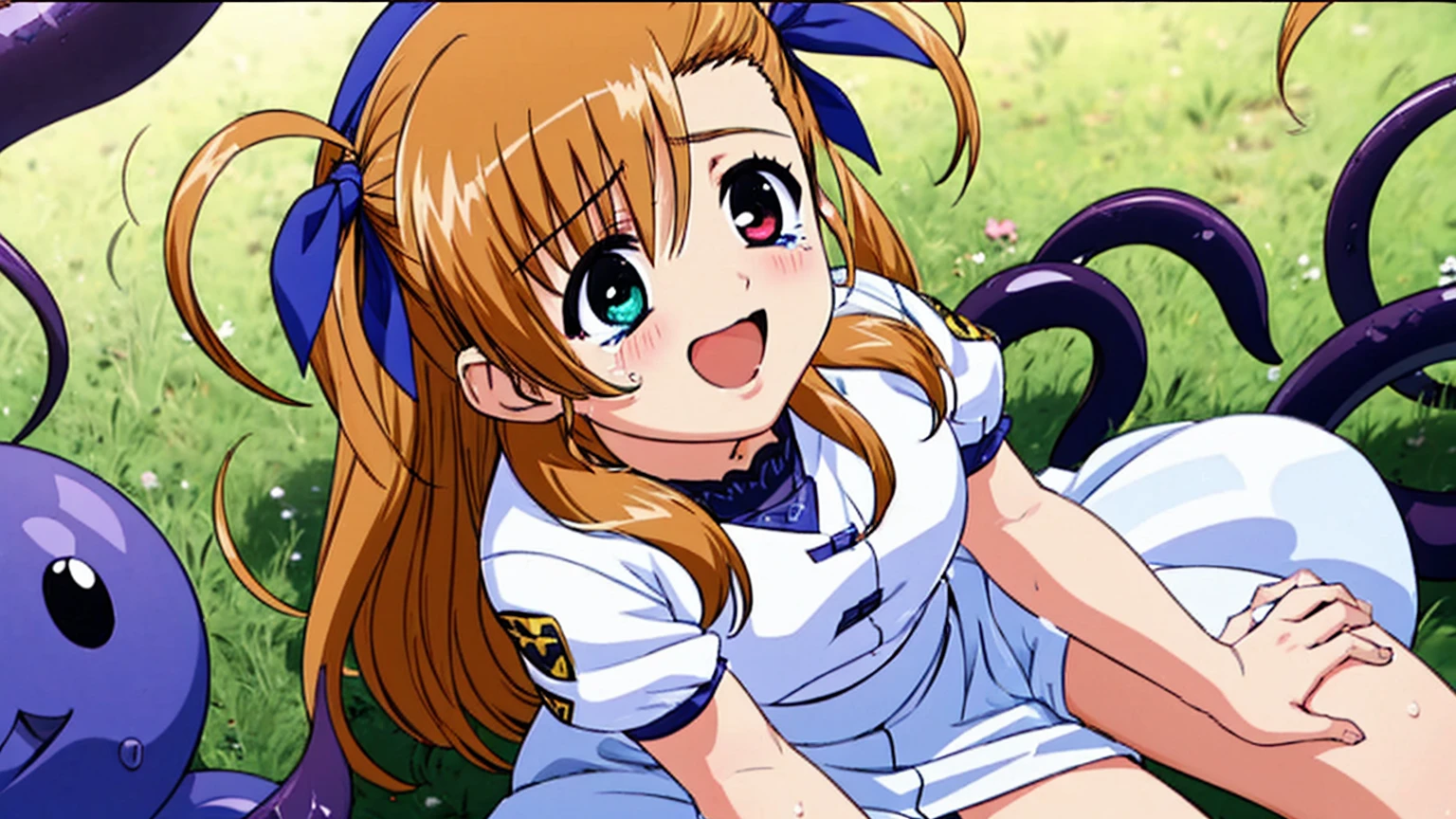 ((masterpiece, Side Lighting, finely detailed beautiful eyes: 1.2)), Super detailed, Ultra-high resolution, Professional Lighting, High quality makeup, beautiful detailed eyes, sexy, beautiful, Big eyes, Cowboy Shot, (Girl:1.3), hinatsuru ai, blue eyes, Black Hair, Brown Hair, Ridiculously long hair, Ahoge, Twin tails, Blue and white dress, Yellow ribbon, White Beret, smile, blush, wariza, Spread your legs,orgasm,blush, Sweat,White panties、Squat、Look at this、skirt、、Attacked by tentacles、Tentacles wrap around my legs、Tentacles in the crotch、Captured by tentacles、cry、shout、Ecstasy face、skirtの中の触手、Do not run away、Lying down、Torn clothes、skirtの下からスパッツが見えます、Spread your legs、Disheveled clothing、skirtをめくった、