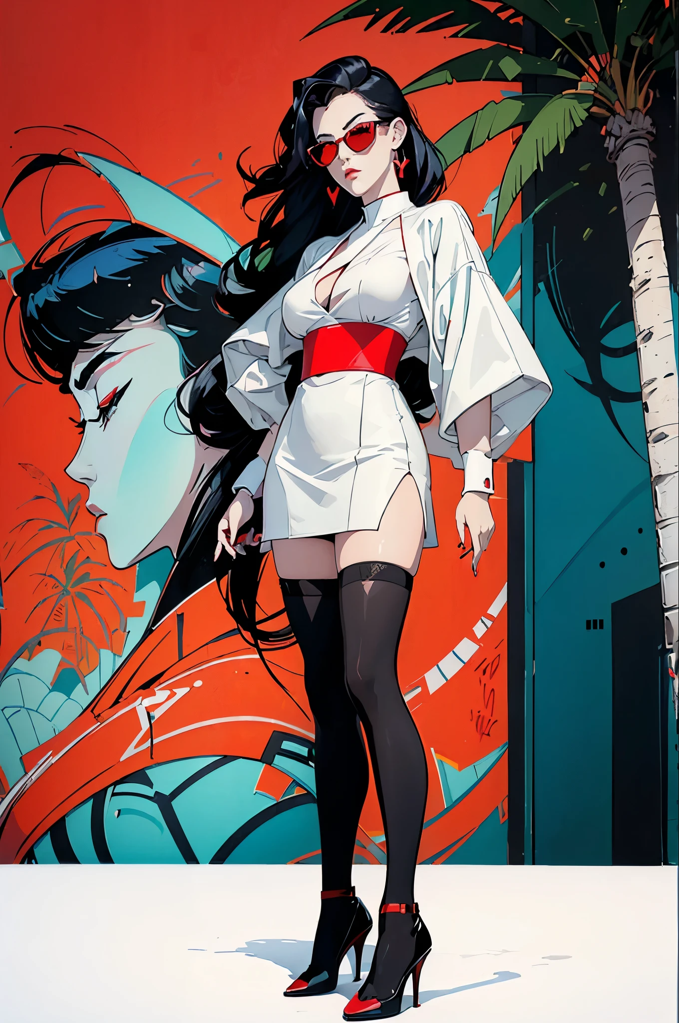((Art style by Patrick Nagel)), ((8k, wallpaper, detailed)), dark sunglasses, korean popstar, thighhighs, high heels, long legs, black hair, pretty hands, fringe, full body, samurai sword, (multiple girls:1.4), simple red background, palm trees, (graffiti wall:1.2), muscular, strong, courageous, art by Patrick Nagel
