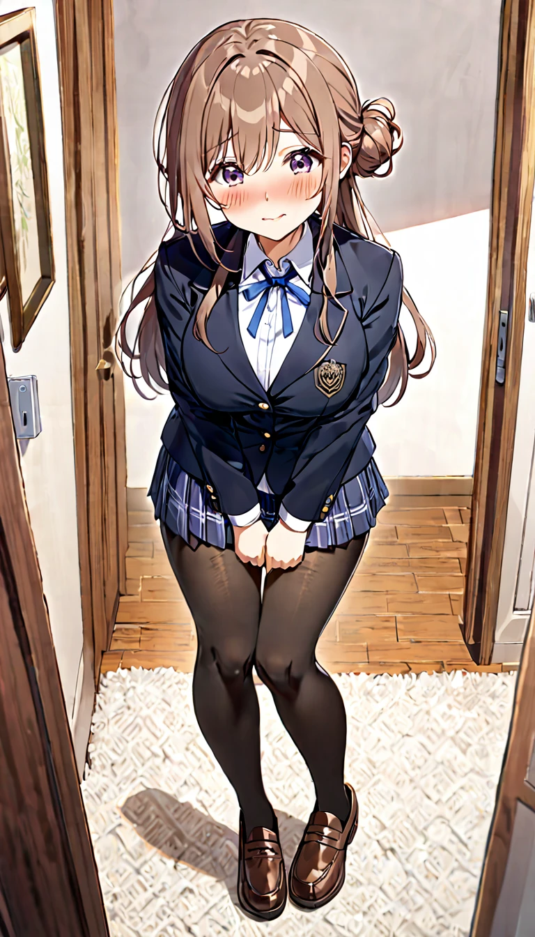 16k,1girl,himesaki rinami,purple eyes,brown hair,hair bun,long hair, , blazer, blue neck ribbon, pleated skirt, black pantyhose, loafers,blush,embarrassed,big breast,breast focus