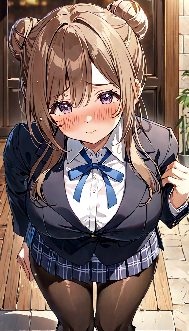 16k,1girl,himesaki rinami,purple eyes,brown hair,hair bun,long hair, , blazer, blue neck ribbon, pleated skirt, black pantyhose, loafers,blush,embarrassed,big breast,breast focus