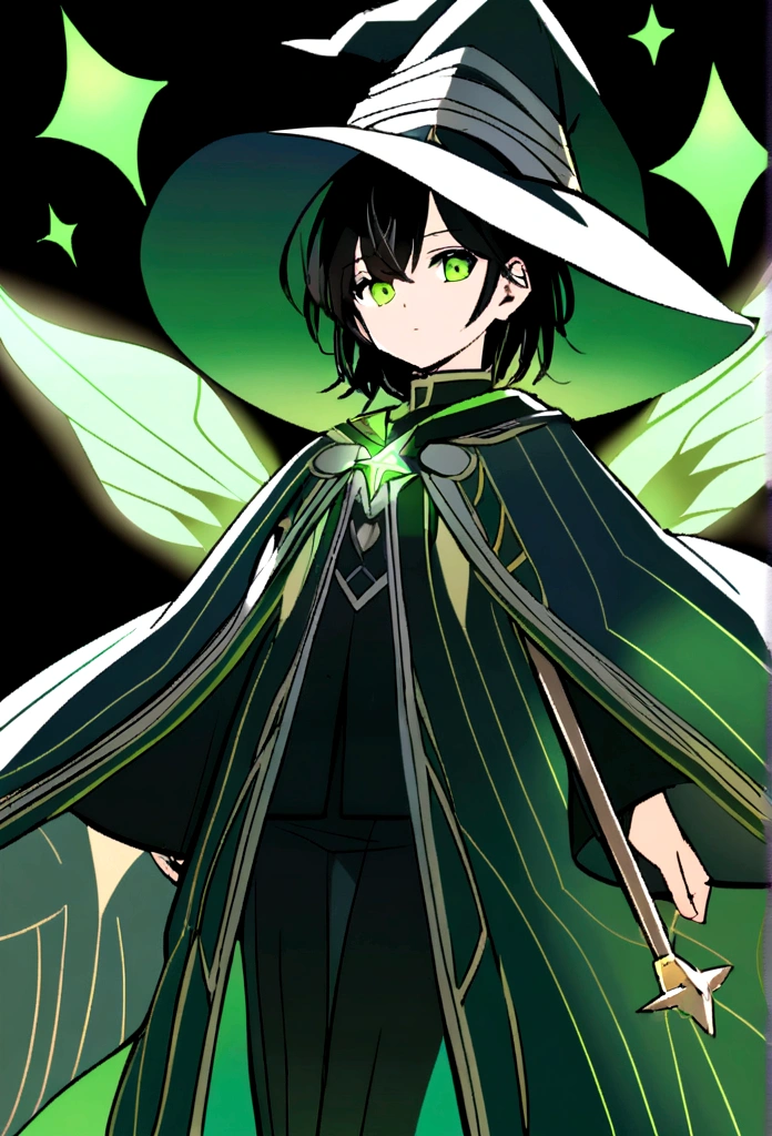 a magical girl with healing powers, tosca eyes, short black hair like a boy, wearing a black and green magical academic uniform with a wizard's hat and a large wand in her hand, wearing a cool black magic robe with green patterns 