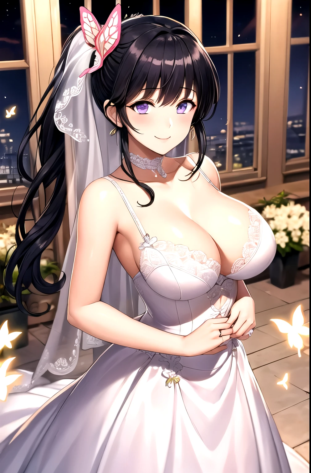 bride, bra, underwear, veil(masterpiece, best quality, detailed), 1 Girl, Solitary, Looking at the audience, Kana Odf, Purple Eyes, Black Hair, Long hair, blunt Bangs, Bangs, Hair accessories, Vulnerabilities, Butterfly, Side Ponytail, Butterfly Hair accessories, Golden tail lily, Lilium chinense, Black Hair, Butterfly, Butterfly hair ornament, (Purple Eyes:1.1), side Ponytail, Ponytail, bride, Wedding dress,Wedding dress,White, underwear, Lace,happy,smile