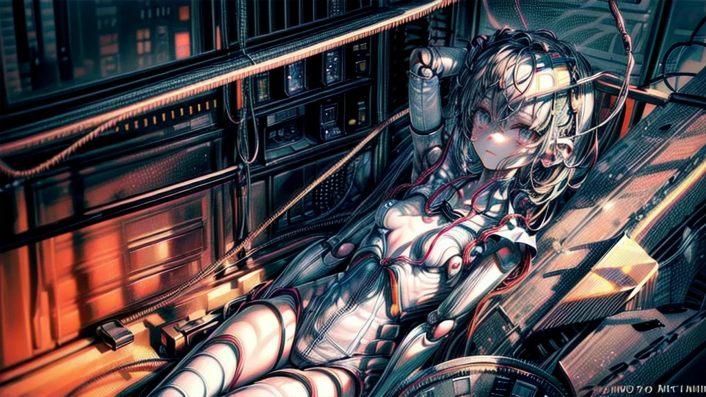 (((masterpiece))), (((Highest quality))), ((Very detailed)), (Highly detailed CG illustrations), ((Very delicate and beautiful)),(Cute and delicate face),Light,((1. Machine Girl)),alone,whole body,(Machine made joints:1.4),((Mechanical Limbs)),(Muscle swelling),(The container is connected to a tube),(Brain in a container:1.3),((Mechanical vertebrae attached to the back)),((Mechanical cervical vertebrae attached to the neck)),((Sitting)),poker face,(Wires and cables attached to head and body:1.5),Small breasts,short hair,(Character Focus),SF,Lying down,Dark shortcuts,Centering shortcuts,A devastated society,alone,