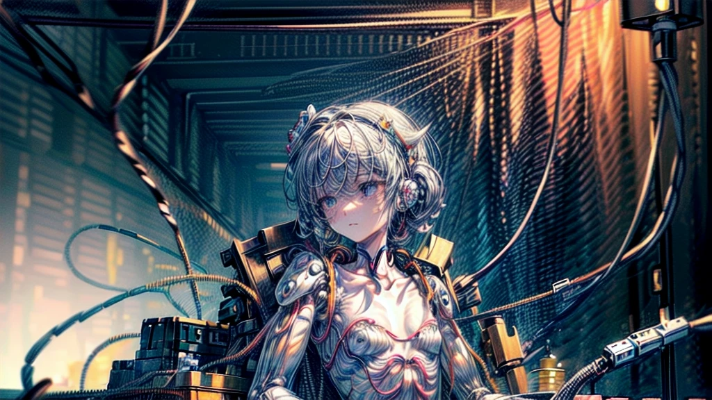 (((masterpiece))), (((Highest quality))), ((Very detailed)), (Highly detailed CG illustrations), ((Very delicate and beautiful)),(Cute and delicate face),Light,((1. Machine Girl)),alone,whole body,(Machine made joints:1.4),((Mechanical Limbs)),(Muscle swelling),(The container is connected to a tube),(Brain in a container:1.3),((Mechanical vertebrae attached to the back)),((Mechanical cervical vertebrae attached to the neck)),((Sitting)),poker face,(Wires and cables attached to head and body:1.5),Small breasts,short hair,(Character Focus),SF,Lying down,Dark shortcuts,Centering shortcuts,A devastated society,alone,