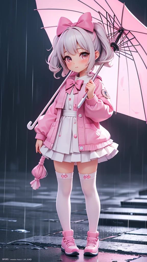 ((bishojo)), ((jk, girl)), ((puffy eyes)), (masterpiece), (top quality), (hyper detailed), (exquisite), (8k), (depth), (crisp), (beautiful and aesthetic), (super detailed skin), (high standard), (high resolution), (perfect anatomy), (realistic), (full body), (knee socks), (pink cheek), (light clothes), (bow in hair), (piercing), (on the street), (rain), (one hand, umbrella)