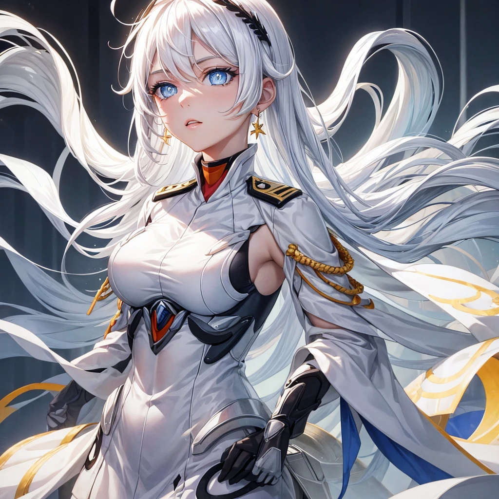 White hair, blue eyes, beautiful female, beautiful girl, upper body, white military uniform, white clothing, golden clothing