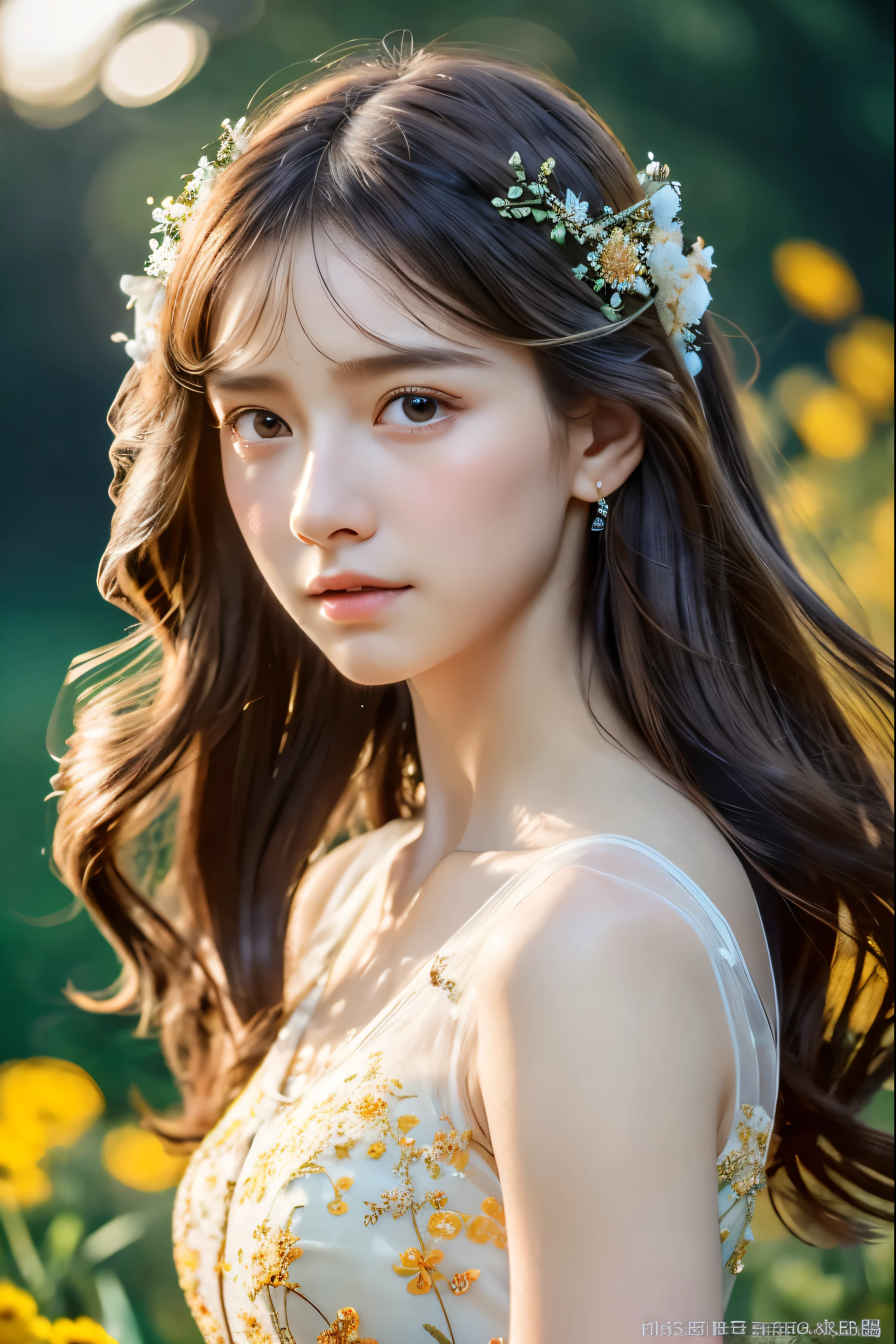 Ultra-realistic 8K CG, masterpiece, ((Very detailed background, Intricate details)), (Very detailed, Fine details), Highest quality, (Realistic:1.4),Beautiful 12 year old girl、Long Hair、Starry sky background、Beautiful face in every detail、See-through Camisole Dresses、Flower Field、night、Very strong winds