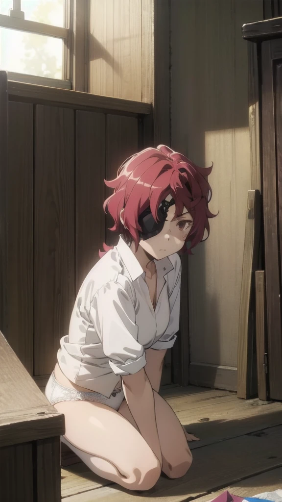 alone, One girl, View your viewers, 2D, anime, anime coloring, hephaestus, Eye patch, ((white lace panties)),white shirt ,forge,blacksmith’s shop,kneeling,