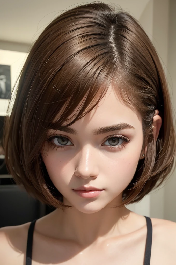 ((best quality)), ((masterpiece)), (detailed), perfect face uma mulher de 21 anos, cabelos andulados no corte micro bob com partilha, cor de cabelo marrom escuro.
