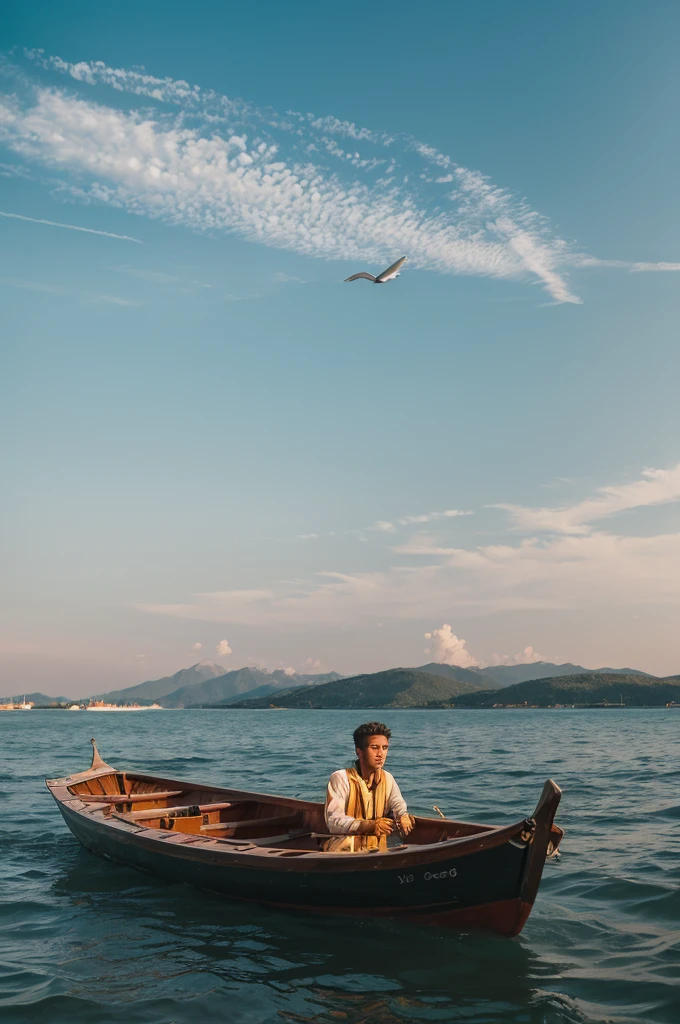 A man coming across the sky on a small boat