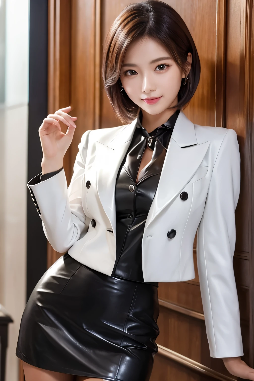 Slim Style, formal, Black、 Leather suit、Double breasted blazer、Tight Skirt、Realistic leather texture,short hair