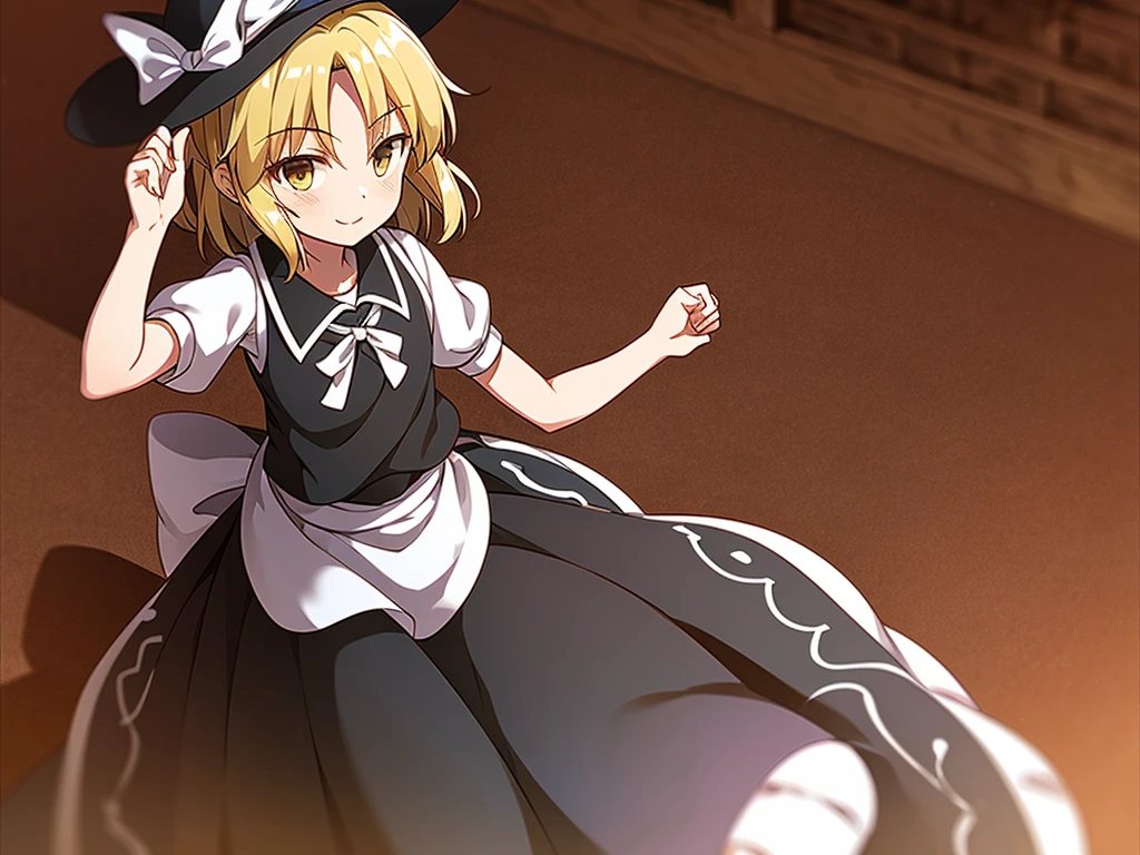 1girl, , , masterpiece, best quality, 10 years old, medium blonde hair, forehead visible bags, yellow eyes, hat, heart, black headwear, puffy short sleeves, log black skirt, heart hads,,1girl, solo, yellow eyes, yellow hair, bow, hat bow, socks, black footwear, black skirt, short sleeves, yuki (touhou), black vest, white sleeves, frill skirt, light smile