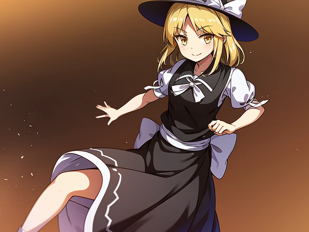 1girl, , , masterpiece, best quality, , medium blonde hair, forehead visible bags, yellow eyes, hat, heart, black headwear, puffy short sleeves, log black skirt, heart hads,,1girl, solo, yellow eyes, yellow hair, bow, hat bow, socks, black footwear, black skirt, short sleeves, yuki (touhou), black vest, white sleeves, frill skirt, light smile