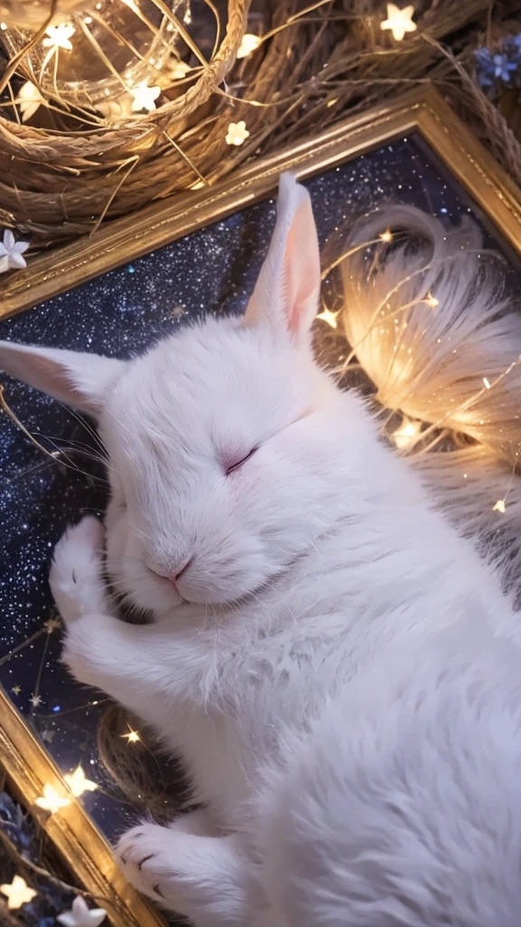 A high-quality image of a white rabbit sleeping peacefully under a starry night sky, with a cute and serene expression that would be soothing and adorable for viewers of all ages.