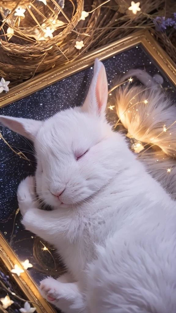 A high-quality image of a white rabbit sleeping peacefully under a starry night sky, with a cute and serene expression that would be soothing and adorable for viewers of all ages.