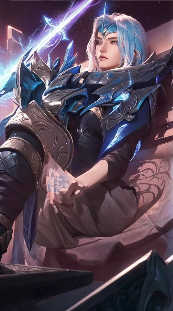 a close up of a person with a sword in a field, aurelion sol, 8 k hd wallpaperjpeg artifact, 8k hd wallpaperjpeg artifact, extremely detailed artgerm, splash art, official splash art, riven, league of legends character art, league of legends art, mobile wallpaper, from league of legends, league of legends splash art
