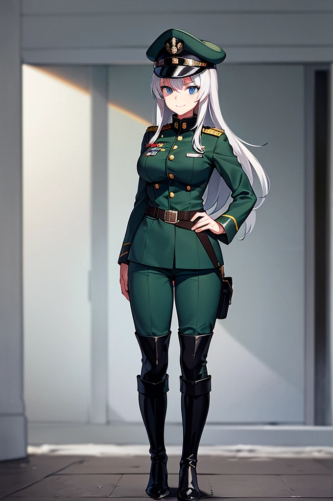 Content:
An anime woman in a military uniform with a sword visible in a scabbard. She wears a hat inspired by WW2 German military generals with a symbol of a dragon. Her design is loosely based on Erika Itsumi from Girls und Panzer. She has light blue eyes, white hair that ends halfway down her back, and knee-high military boots. She wears a confident smile, looking very mature, with her hands on her hips.

Medium:
Digital art, anime illustration.

Style:
Pixiv contest winner, fine art, with elements inspired by historical military aesthetics and anime character design.

Lighting:
Dramatic, with strong contrasts to highlight her authoritative presence and the details of her uniform. Subtle shadows to add depth and realism.

Colours:
A palette dominated by military greens, blacks, and silvers, with the light blue of her eyes and white of her hair standing out against the darker tones of her uniform.

Composition:
A full body shot with a 50mm lens. The background is a snowy scene, as if a blizzard is happening behind her. She salutes to the camera, showcasing her confidence and authority.