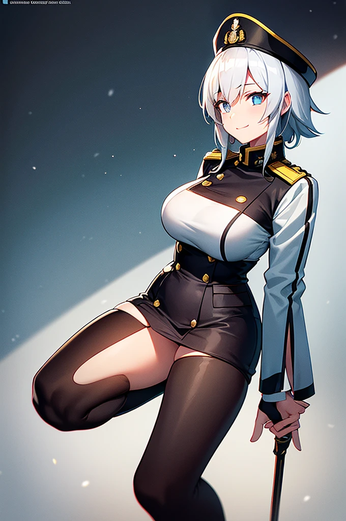 Content:
An anime woman in a military uniform with a sword visible in a scabbard. She wears a hat inspired by WW2 German military generals with a symbol of a dragon. Her design is loosely based on Erika Itsumi from Girls und Panzer. She has light blue eyes, white hair that ends halfway down her back, and knee-high military boots. She wears a confident smile, looking very mature, with her hands on her hips.

Medium:
Digital art, anime illustration.

Style:
Pixiv contest winner, fine art, with elements inspired by historical military aesthetics and anime character design.

Lighting:
Dramatic, with strong contrasts to highlight her authoritative presence and the details of her uniform. Subtle shadows to add depth and realism.

Colours:
A palette dominated by military greens, blacks, and silvers, with the light blue of her eyes and white of her hair standing out against the darker tones of her uniform.

Composition:
A full body shot with a 50mm lens. The background is a snowy scene, as if a blizzard is happening behind her. She salutes to the camera, showcasing her confidence and authority.