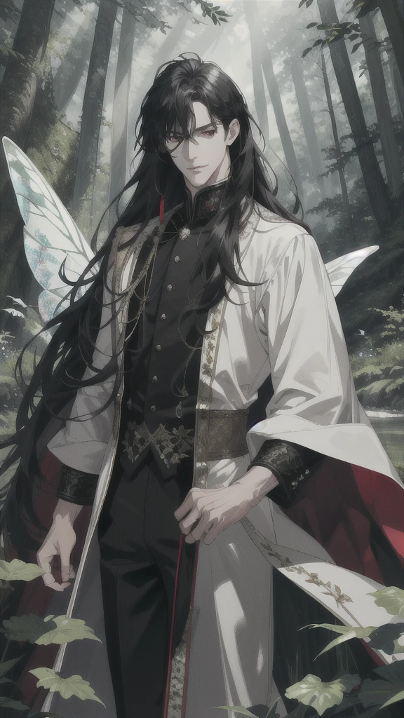 (absurdres, highres, ultra detailed), 1 male, adult, handsome, tall guy, finely detailed eyes and detailed face, black long hair, red eyes, white garments, forest, trees full of greenery, fluttering leaves, pond, natural light and shadow, There are shiny particles flying around the man, fantastic, fairy tale, mysterious, shining sparkle