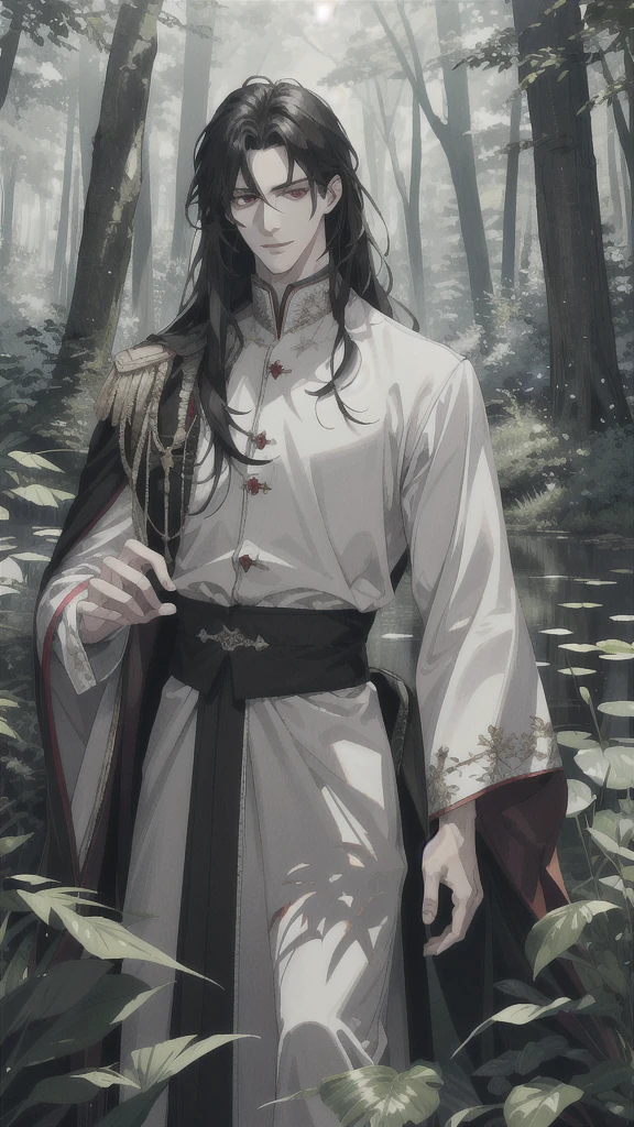 (absurdres, highres, ultra detailed), 1 male, adult, handsome, tall guy, finely detailed eyes and detailed face, black long hair, red eyes, white garments, forest, trees full of greenery, fluttering leaves, pond, natural light and shadow, There are shiny particles flying around the man, fantastic, fairy tale, mysterious, shining sparkle