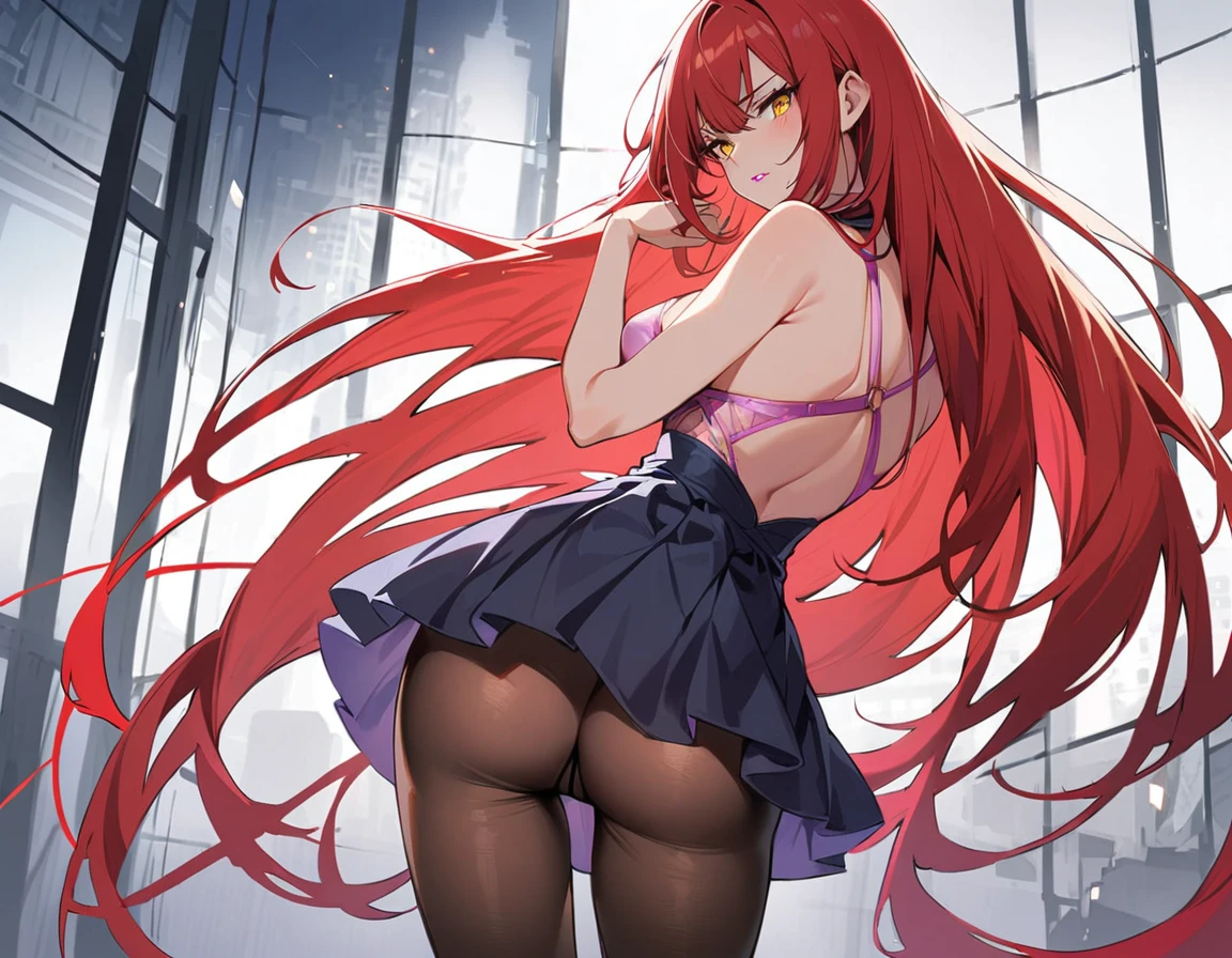 Long red hair, yellow eyes, evil, sexy, pink sexy transparent lingerie, seductive, skirt, sexy pose, rose lipstick, blood, white room, pantyhose, from the back, ass, night, sensual, straigh hair cut, clear skin, evil, young 30 years girl, adult girl, solo, red, very long hair, 