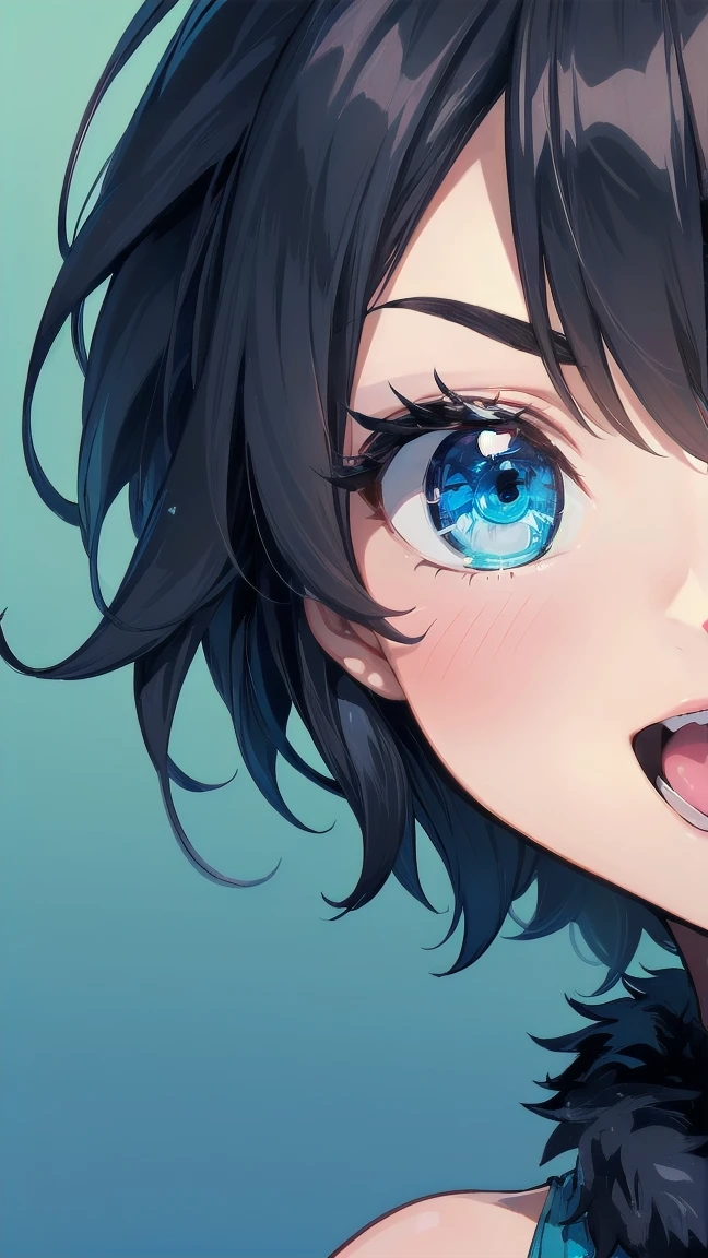 Close-up of a cartoon girl with blue hair and a yellow shirt, 2D Animation, 2D Animation style, 2D Art, 2D Art, 2D from Gorillaz, 2D from Gorillaz, 2D Gorillaz, Screaming Cerket, 2D Sprites, Jinx Face, short hair, Small breasts, hot pants, ((Black Hair, Bright blue fur inside:1.4))