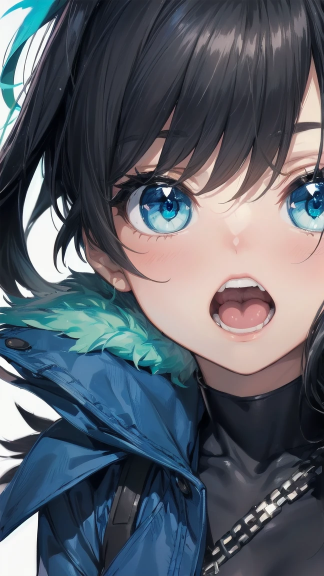 Close-up of a cartoon girl with blue hair and a yellow shirt, 2D Animation, 2D Animation style, 2D Art, 2D Art, 2D from Gorillaz, 2D from Gorillaz, 2D Gorillaz, Screaming Cerket, 2D Sprites, Jinx Face, short hair, Small breasts, hot pants, ((Black Hair, Bright blue fur inside:1.4))