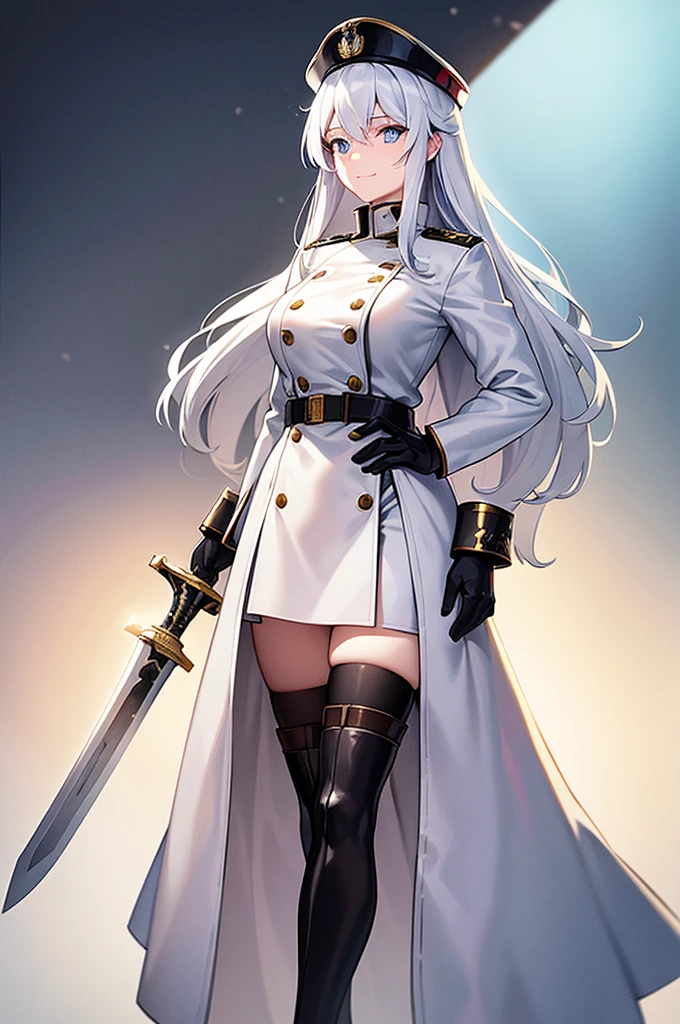 Content:
An anime woman in a military uniform with a sword visible in a scabbard. She wears a hat inspired by WW2 German military generals with a symbol of a dragon. She has light blue eyes, white hair that ends halfway down her back, and knee-high military boots. She wears a confident smile, looking very mature, with her hands on her hips.

Medium:
Digital art, anime illustration.

Style:
Pixiv contest winner, fine art, with elements inspired by historical military aesthetics and anime character design.

Lighting:
Dramatic, with strong contrasts to highlight her authoritative presence and the details of her uniform. Subtle shadows to add depth and realism.

Colours:
A palette dominated by military greens, blacks, and silvers, with the light blue of her eyes and white of her hair standing out against the darker tones of her uniform.

Composition:
A full body shot with a 50mm lens. The background is a snowy scene, as if a blizzard is happening behind her. She salutes to the camera, showcasing her confidence and authority.