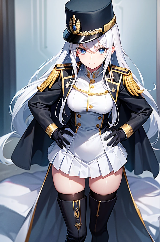 Content:
An anime woman in a military uniform with a sword visible in a scabbard. She wears a hat inspired by WW2 German military generals with a symbol of a dragon. She has light blue eyes, white hair that ends halfway down her back, and knee-high military boots. She wears a confident smile, looking very mature, with her hands on her hips.
Medium:
Digital art, anime illustration.
Style:
Pixiv contest winner, fine art, with elements inspired by historical military aesthetics and anime character design.
Lighting:
Dramatic, with strong contrasts to highlight her authoritative presence and the details of her uniform. Subtle shadows to add depth and realism.
Colours:
A palette dominated by military greens, blacks, and silvers, with the light blue of her eyes and white of her hair standing out against the darker tones of her uniform.
Composition:
A full body shot with a 50mm lens. The background is a snowy scene, as if a blizzard is happening behind her. She salutes to the camera, showcasing her confidence and authority.