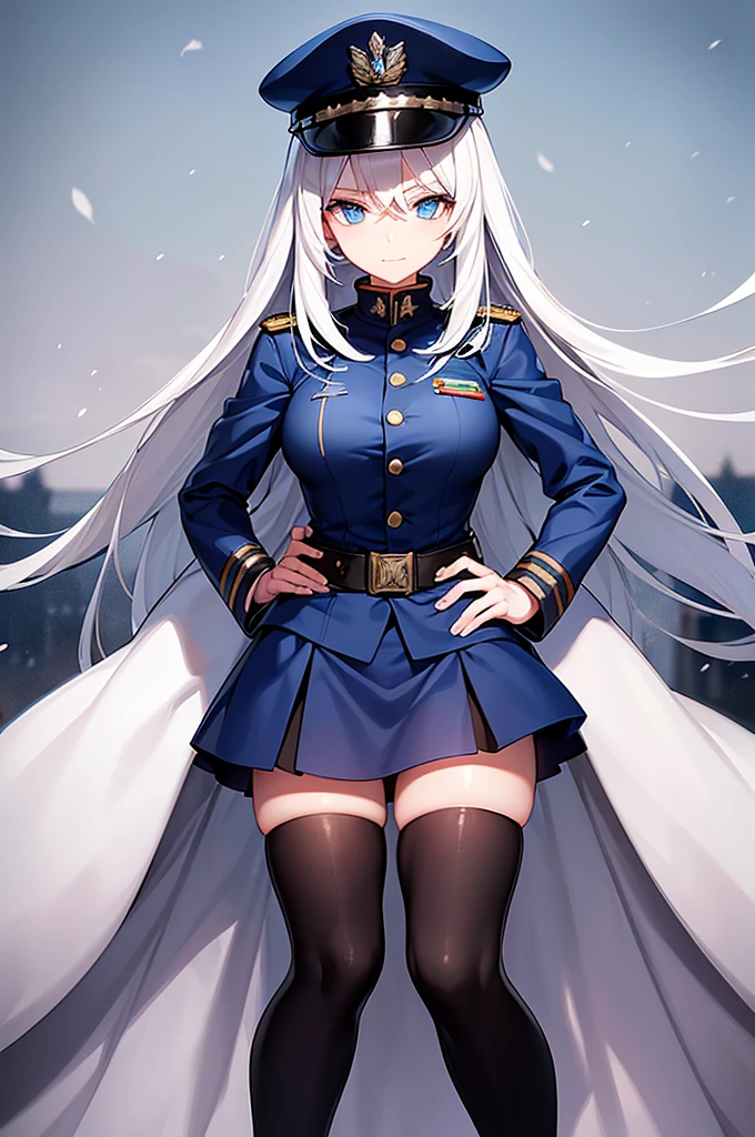 Content:
An anime woman in a military uniform with a sword visible in a scabbard. She wears a hat inspired by WW2 German military generals with a symbol of a dragon. She has light blue eyes, white hair that ends halfway down her back, and knee-high military boots. She wears a confident smile, looking very mature, with her hands on her hips.
Medium:
Digital art, anime illustration.
Style:
Pixiv contest winner, fine art, with elements inspired by historical military aesthetics and anime character design.
Lighting:
Dramatic, with strong contrasts to highlight her authoritative presence and the details of her uniform. Subtle shadows to add depth and realism.
Colours:
A palette dominated by military greens, blacks, and silvers, with the light blue of her eyes and white of her hair standing out against the darker tones of her uniform.
Composition:
A full body shot with a 50mm lens. The background is a snowy scene, as if a blizzard is happening behind her. She salutes to the camera, showcasing her confidence and authority.