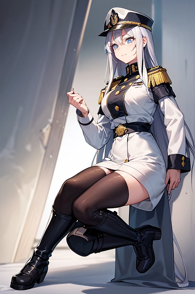 Content:
An anime woman in a military uniform with a sword visible in a scabbard. She wears a hat inspired by WW2 German military generals with a symbol of a dragon. She has light blue eyes, white hair that ends halfway down her back, and knee-high military boots. She wears a confident smile, looking very mature, with her hands on her hips.

Medium:
Digital art, anime illustration.

Style:
Pixiv contest winner, fine art, with elements inspired by historical military aesthetics and anime character design.

Lighting:
Dramatic, with strong contrasts to highlight her authoritative presence and the details of her uniform. Subtle shadows to add depth and realism.

Colours:
A palette dominated by military greens, blacks, and silvers, with the light blue of her eyes and white of her hair standing out against the darker tones of her uniform.

Composition:
A full body shot with a 50mm lens. The background is a snowy scene, as if a blizzard is happening behind her. She salutes to the camera, showcasing her confidence and authority.