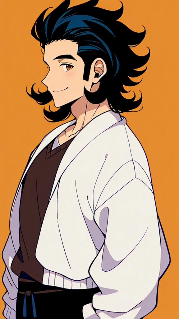 Crea a un personaje hombre que esta sonriendo tiernamente con el cabello negro rizado color de piel crema marron claro 