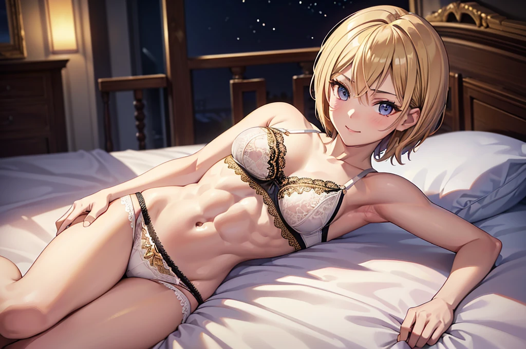 masterpiece, best quality, ultra detailed, ultra high resolution, very detailed face, solo, anime, 20 years old girl, slim, (((lace underwear))), (((lying on the bed))), ((golden short hair)), (six pack abs:1.2), medium breast, little smile, in the room at night