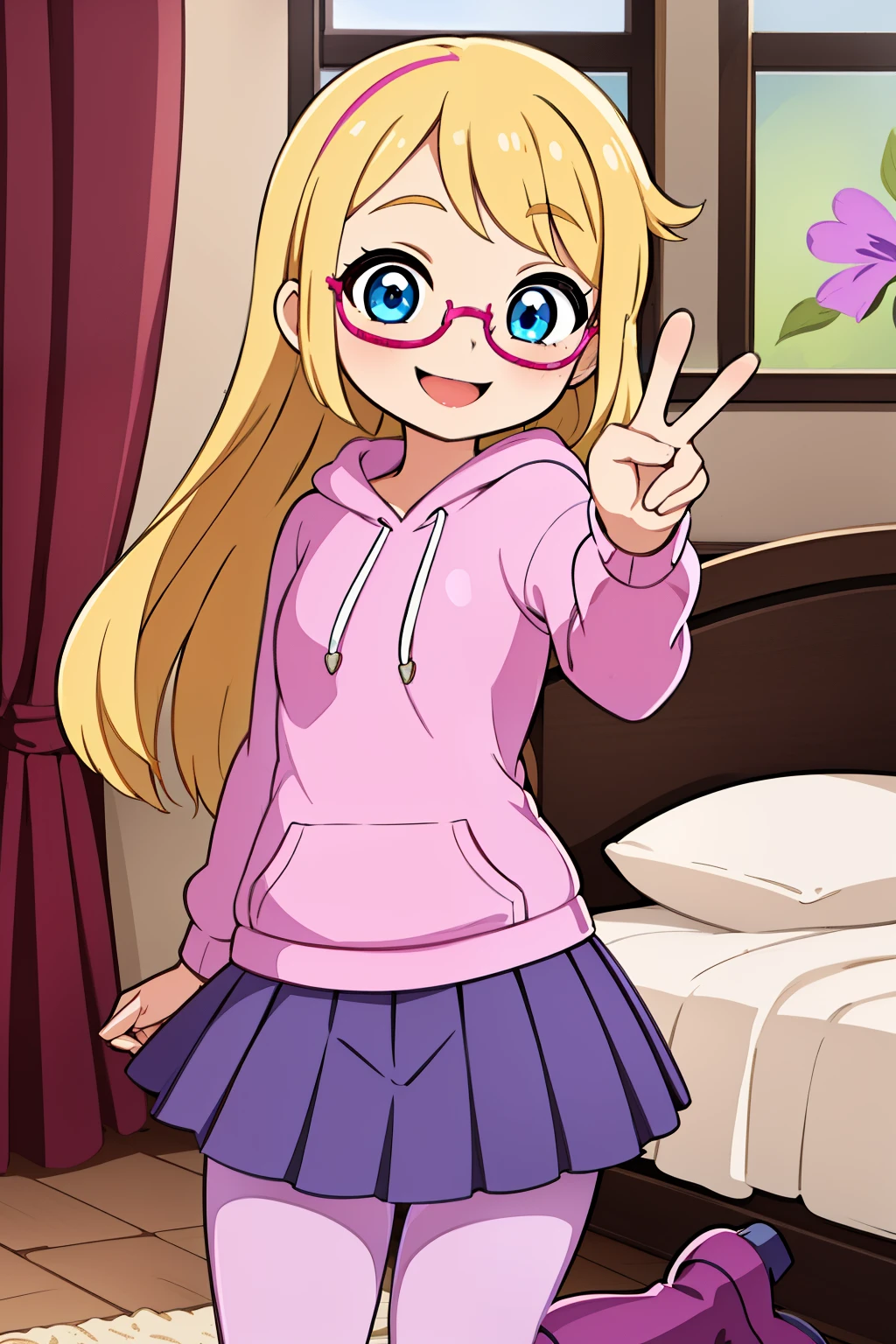 ((masterpiece, best quality, ultra-detailed, 1girl, solo, penny peterson, long hair, blonde hair, blue eyes, 13-year-old, lavender glasses, bright pink hoodie, dark lavender pleated skirt with white trimmings, burgundy red leggings, pink wide heeled boots, pink bedroom, beautiful face, cute, smile, joyful expression, happy, very happy, smiling, daytime, peace sign,