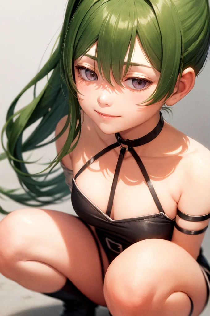 masterpiece,Highest quality, One girl, alone, Green Hair, Iris, Gray background, boots, Black footwear, black dress, igarashi futaba (shiromanta), View your viewers, dress, Arms crossed, side ponytail, squat, Simple Background, Bare shoulders, Medium Hair, blush, ponytail, Juru, whole body, Hair between the eyes, Cosplay, Mouth closed, No sleeve, bangs, chest, Sitting, Thigh straps, knee boots, Halter neck, Armband,smile