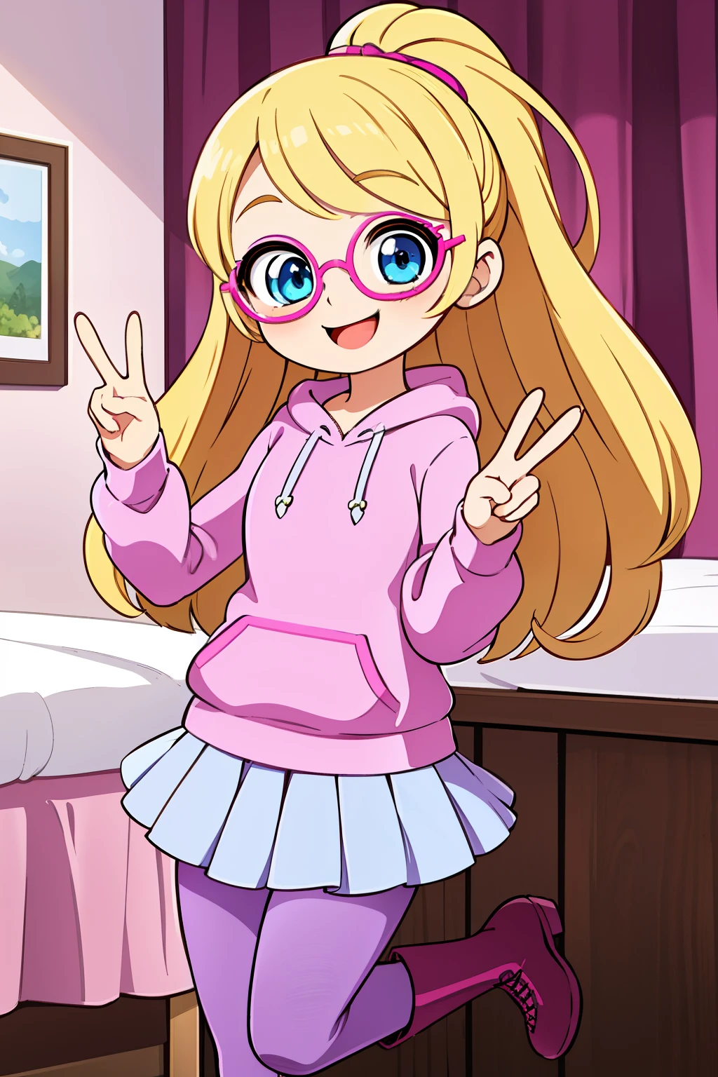 ((masterpiece, best quality, ultra-detailed, 1girl, solo, penny peterson, long hair, blonde hair, blue eyes, 13-year-old, lavender glasses, bright pink hoodie, dark lavender pleated skirt with white trimmings, burgundy red leggings, pink wide heeled boots, pink bedroom, beautiful face, cute, smile, joyful expression, happy, very happy, smiling, daytime, peace sign,