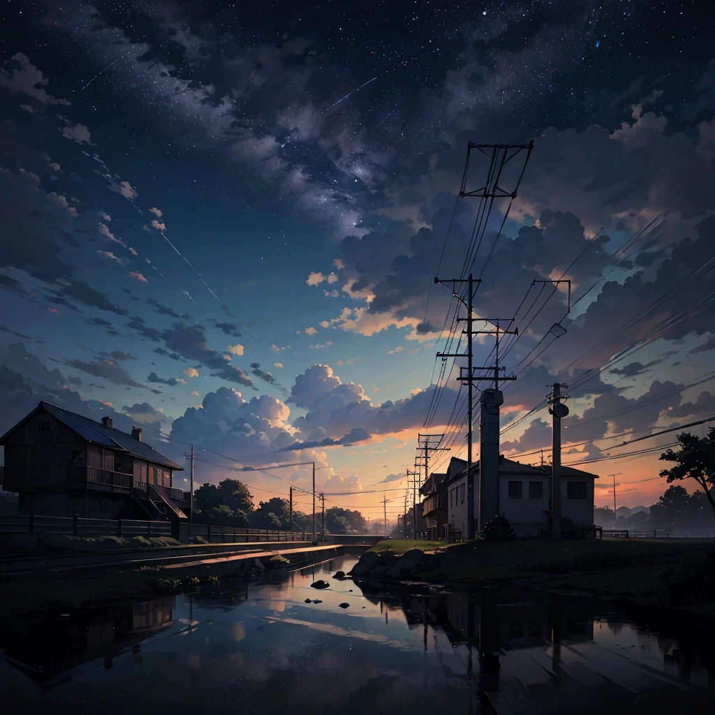 High quality masterpiece ,landscape,Animated train passing through water on the tracks, Shining starry sky。Romantic Train,irritating,Concept Art,Lofi Art style,Reflective plate。 by Makoto Shinkai, Lofi Art, Beautiful anime scene, アニメのlandscape, 詳細なlandscape, In the style of Makoto Shinkai, Makoto Shinkai's Style,Detail enhancements, 16:9