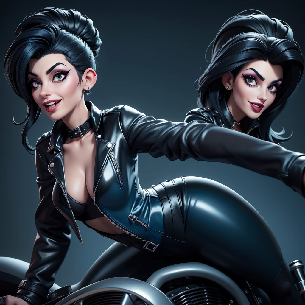obra prima, melhor qualidade, (cruella deville, amy winehouse, vamp 70yo face wrinkles,) head back, sassy wicked girl, big toothy smile, open mouth, maniacal, extreme, thick smoky black eye shadow, long fake eyelashes, raven black mullet hair, ((metallic sky blue pvc biker jacket and pants,)) with studs zippers snaps, shiny leather gloves, body is skinny, riding motorcycles, shiny tight buttocks, dazzle, pinup, exaggerated selfie, lap dance, camera view of whole body, looking up at me, shallow depth of field, highres, HD, 8k, anatomically correct