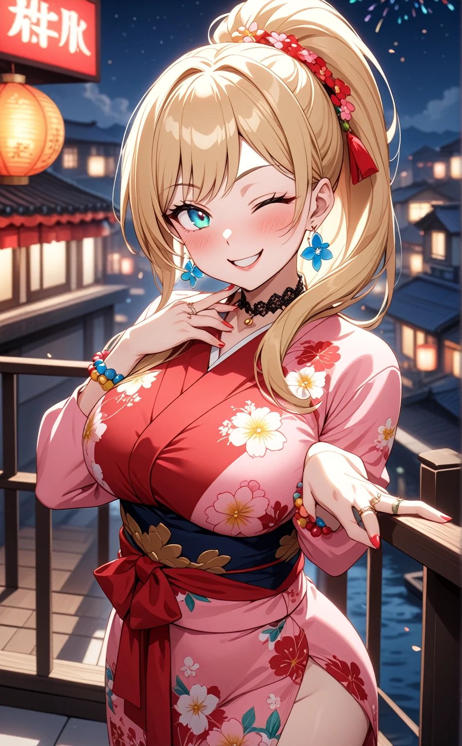 One personの女性)), Beautiful Face,Laughing embarrassedly,((Wink:2.0)),Laugh with your mouth wide open,((Bright red cheeks:1.4)),Glossy pink lips,night,rooftop,Festive decorations,You can see the ocean, firework,Glossy pink lips,Lighting on the face,((Anime style background)),masterpiece, Highest quality, so beautiful, Latest, Complex details, (Pink long nails),(ring),(flower bracelet),Floral choker,AI-generated, Complex,High resolution, Highest quality, super high quality,3D Images、View your viewers、3D Images,One person,Long blonde hair,High Ponytail,Turquoise Eyes,Anime woman posing for a photo, (Fine grain,Colorful eyes,Shining Eyes:1.4),(Squint your eyes:1.1),a hyperRealistic , hyperRealistic , Realistic,Blonde anime woman with long hair, Smooth anime CG art, A woman in a colorful kimono with gold embroidery, (Pink long sleeve kimono),Red floral pattern,Long flower hair ornament,Large floral earrings,(ring),(Big Breasts:1.1),Mature Body,Tall,Big Ass,Narrow waist,Abdominal muscles,(Zoom in on face:1.4),Photographed from the front