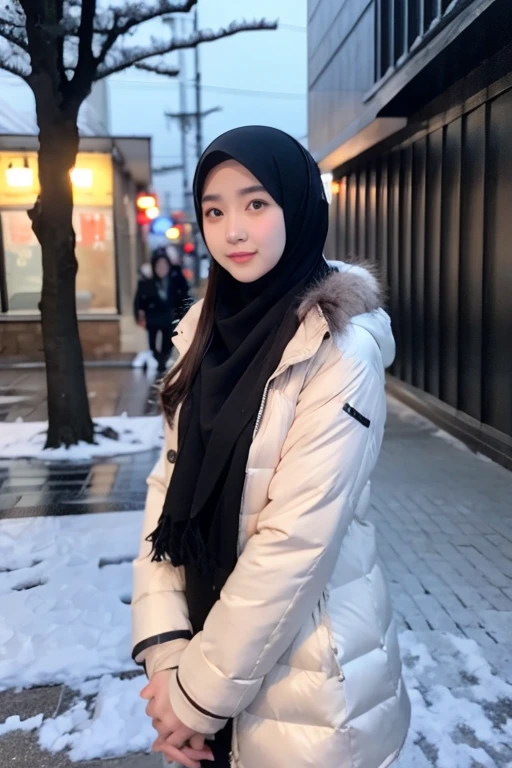 Best quality, 4K, 8K, Detailed faces,fully body photo, Clear face, Japanese muslim girl, 21 years old girl, Perfect body figure, Long slim legs, Pasmina hijab, Long down jacket with hood, Fur trim jacket, White jacket, Snowy Tokyo background 