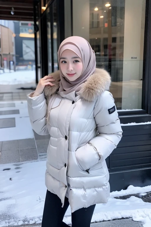 Best quality, 4K, 8K, Detailed faces,fully body photo, Clear face, Japanese muslim girl, 21 years old girl, Perfect body figure, Long slim legs, Pasmina hijab, Long down jacket with hood, Fur trim jacket, White jacket, Snowy Tokyo background 