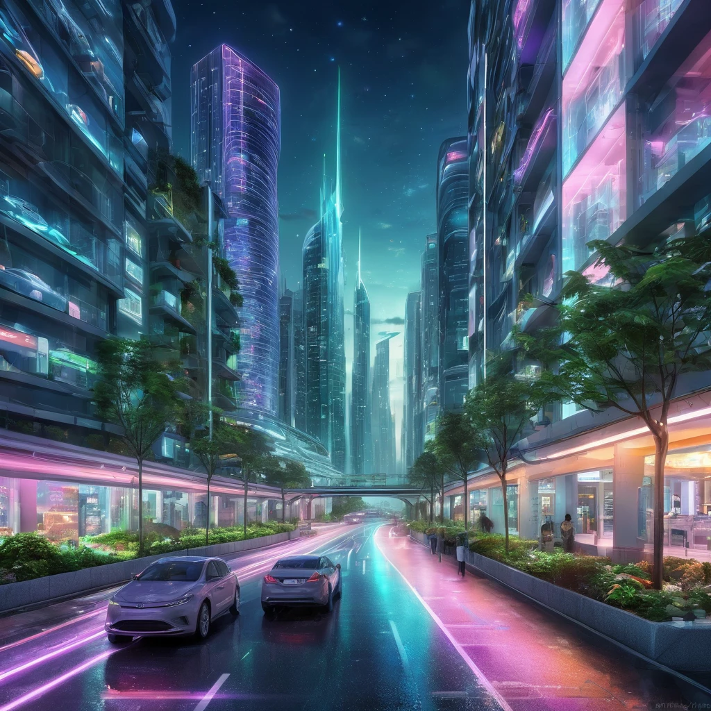 Create an incredibly amazing and fantastical image utilizing "Artificial Lighting." Imagine a futuristic urban landscape at night, where the entire city is illuminated by a complex network of artificial lights. The scene is a dazzling display of neon colors, holographic advertisements, and glowing pathways.
In the foreground, a sleek, modern building with a glass facade reflects the vibrant lights of the city. The building is adorned with intricate light patterns that change dynamically, creating a mesmerizing effect. Surrounding the building, illuminated walkways and elevated pathways are bustling with people, each path glowing with different colors to guide the way.
The streets below are alive with activity, featuring a mix of futuristic vehicles and pedestrians. Holographic displays project advertisements and information, adding layers of light and color to the scene. Street lamps and light poles emit soft, ambient lighting, enhancing the futuristic ambiance.
In the background, towering skyscrapers with glowing windows and lighted architectural features stretch towards the night sky. Some buildings have rooftop gardens with trees and plants that emit a gentle bioluminescent glow. The sky is a deep, starry expanse, with the occasional drone or flying vehicle adding to the sense of a high-tech future.
The overall color palette should be a mix of cool blues, purples, and greens, contrasted with warm oranges and pinks from the neon lights and holograms. Use detailed, dynamic lines to capture the intricate lighting and the vibrant energy of the scene.
The entire image should evoke a sense of wonder, innovation, and the captivating beauty of a city brought to life by artificial lighting, creating a truly unique and stunning masterpiece.